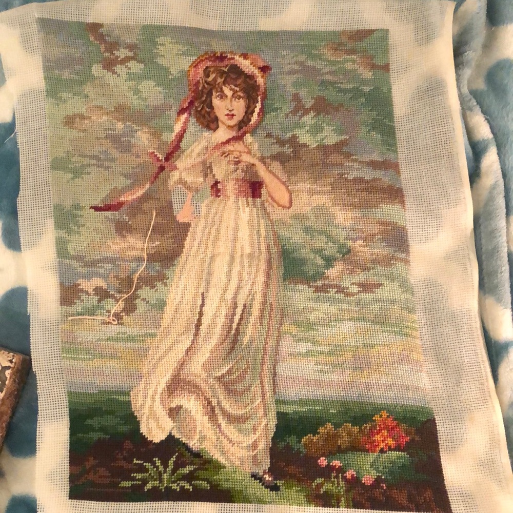 Vintage Needlepoint Tapestry with Woman in White Dress